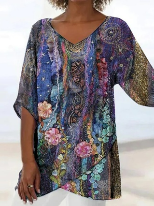 

Casual Floral Loose V Neck Shirt, Purple, Shirts & Blouses
