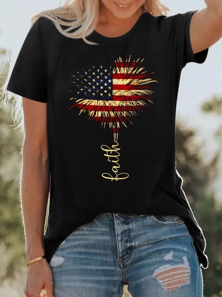 

Women's Cotton Faith Heart Fireworks Print Casual Crew Neck T-Shirt, Black, T-shirts