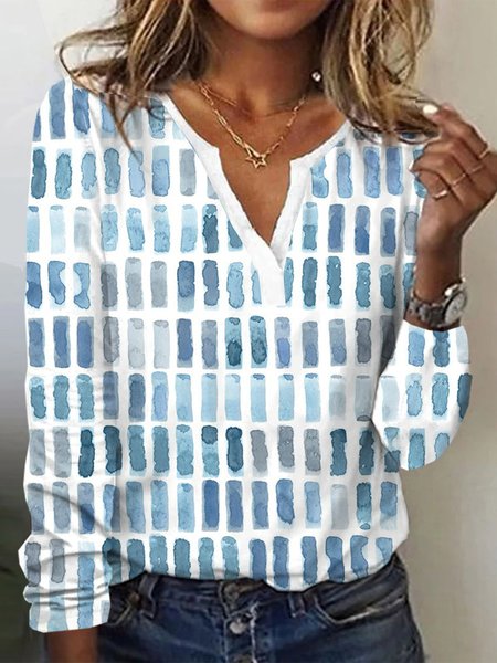 

Casual V Neck Loose Ombre T-Shirt, Blue, Long sleeves