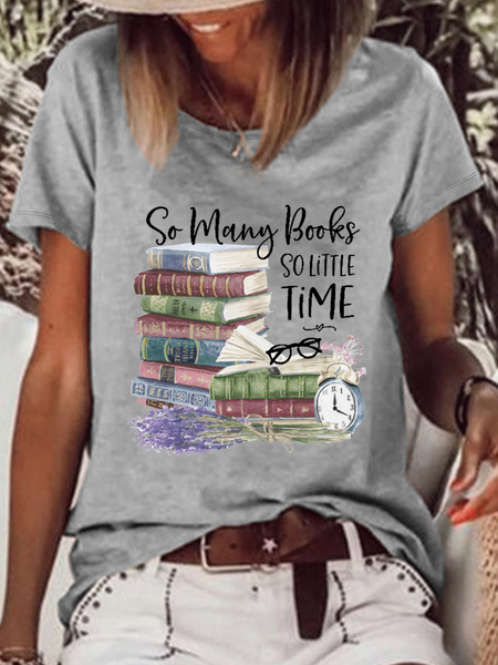 

Women's So Many Books SO Little Time Cotton-Blend Cat Casual T-Shirt, Gray, T-shirts