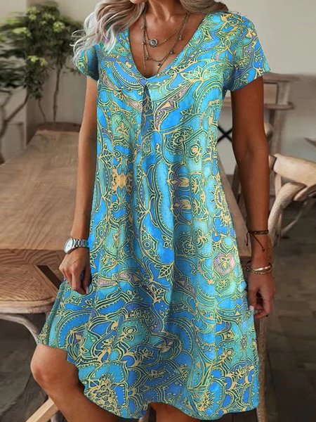 

Ethnic Casual Loose Dress, Blue, Dresses