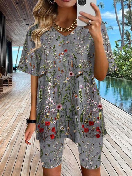 

Loose Floral V Neck Casual Two-Piece Set, Gray, Suit Set