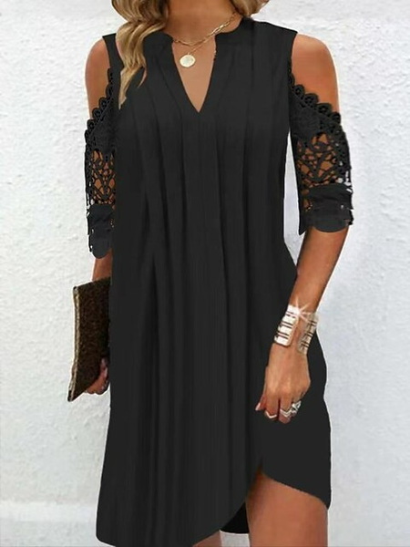 

Plain Stand Collar Lace Casual Dress, Black, Dresses