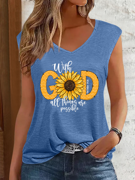 

Women's Bible Verse With God All Things Are Possible V Neck Simple Tank Top, Blue, Tank Tops