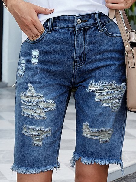 

Denim Loose Casual Ripped Jeans, Blue, Shorts