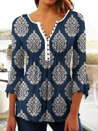 

Loose Floral V Neck Casual T-Shirt, Blue, T-Shirts
