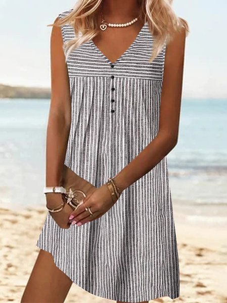 

Casual Loose V Neck Striped Dress, White, Dresses