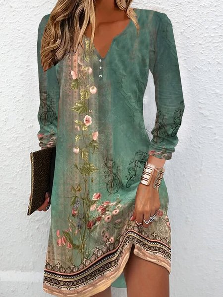 

Notched Casual Jersey Floral Dress, Green, Short