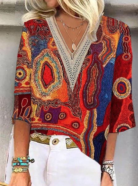 

Casual Lace Ethnic V Neck Shirt, Red, Shirts & Blouses