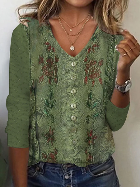 

Casual Floral Loose V Neck Long Sleeve T-Shirt, Green, Long sleeves
