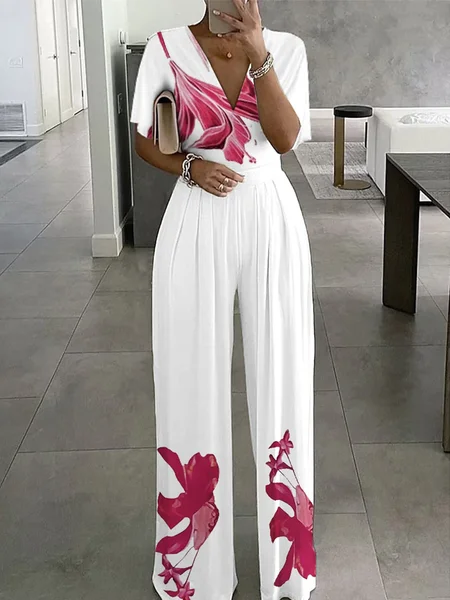 

V Neck Floral Regular Fit Urban Jumpsuit, White, Jumpsuits