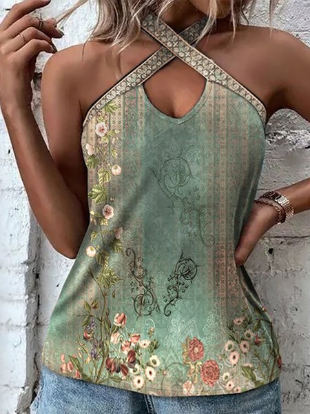 

Loose Halter Floral Casual Tank Top, Green, Tanks & Camis