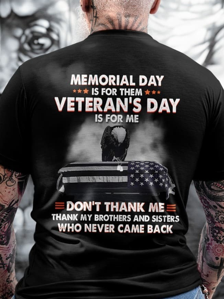 

Men’s Memorial Day Is For Them, Veteran Day Is For Me Crew Neck T-Shirt, Black, T-shirts