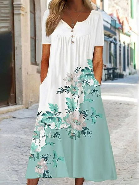 

V Neck Casual Loose Dress With No Belt, Green, Dresses