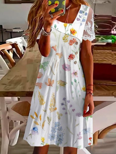 

Asymmetrical Casual Floral Lace Dress, White, Casual Dresses