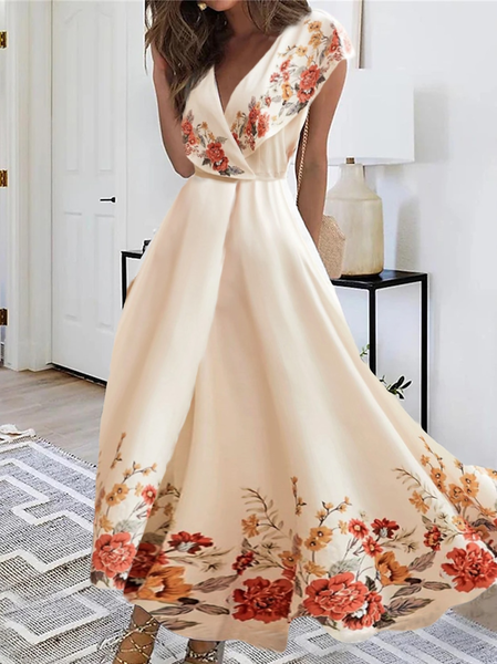 

V Neck Elegant Floral Dress, Apricot, Dresses