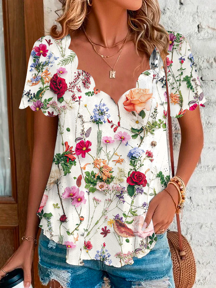 

Floral Casual Loose T-Shirt, White, T-Shirts