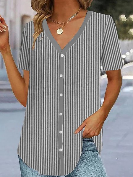 

Loose Striped V Neck Casual Blouse, Stripe, Shirts & Blouses
