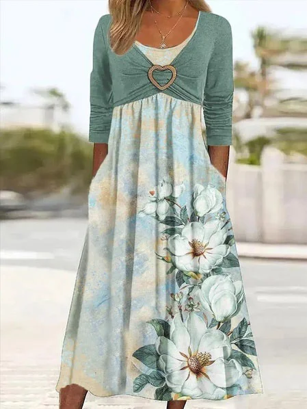 

Floral Casual Loose Crew Neck Dress, Green, Dresses