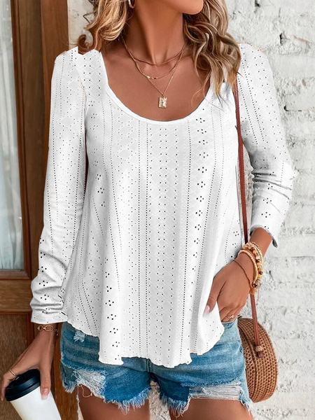 

Jacquard Loose Casual Crew Neck Shirt, White, Shirts & Blouses