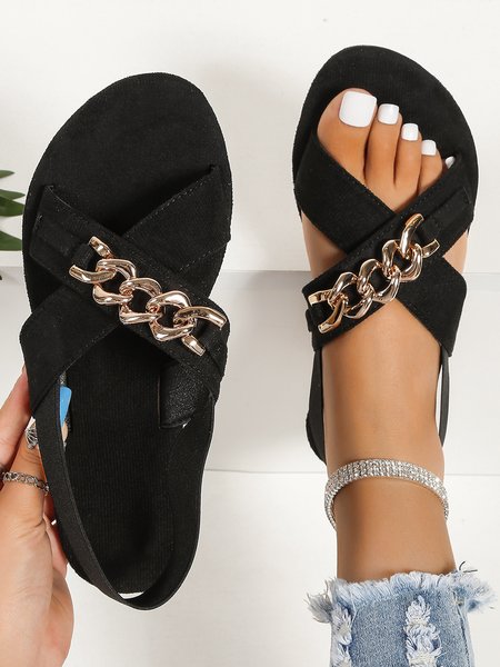 

Vintage Chain Slip On Cross Strap Sandals, Black, Sandals