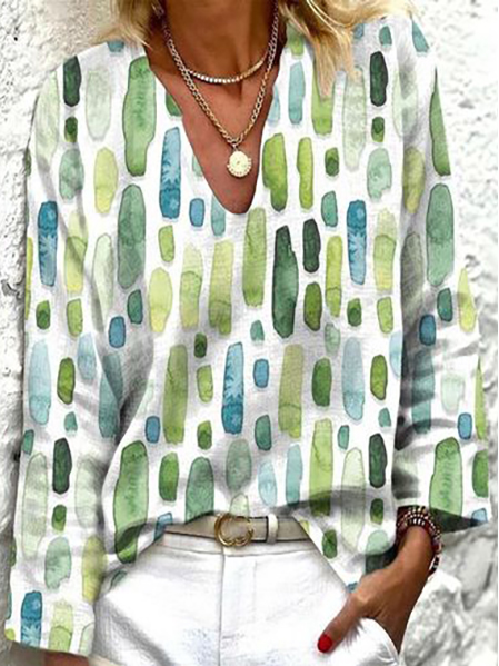 

Geometric V Neck Linen Shirt, Green, Shirts & Blouses