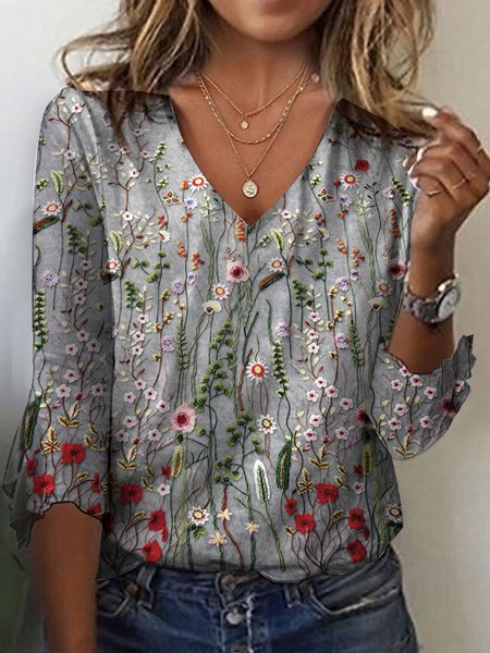 

V Neck Casual Floral Knitted T-Shirt, Gray, T-Shirts