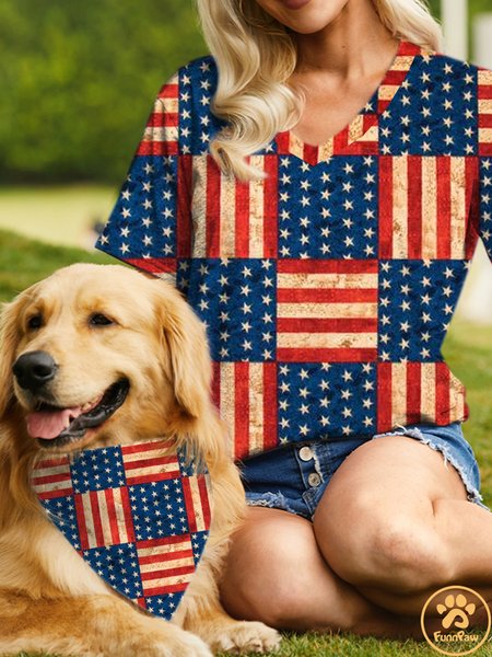 

Women's America Flag Casual Loose Matching T-Shirt, Deep blue, T-shirts