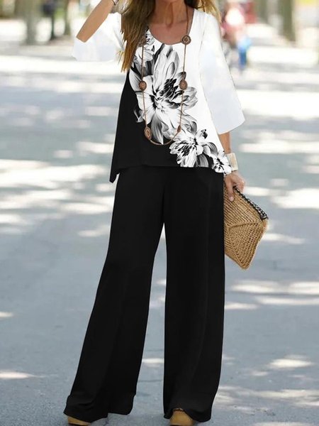 

Floral Color Block Casual Crew Neck Three Quarter Loose Two-Piece Set, Black-white, Suit Set