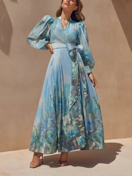 

Floral V Neck Vacation Dress, Blue, Maxi Dresses