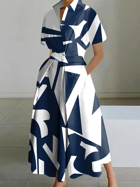 

Casual Shirt Collar Abstract Printing Dress, White-blue, Maxi Dresses