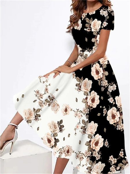 

Knitted Floral Casual Regular Fit Dress, Black, Dresses