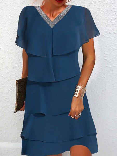 

Plain Short Sleeve Glitter Flouncing V Neck Casual Tunic Dress, Blue, Formal Dresses