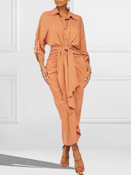 Regular Fit Urban Shirt Collar Maxi Dress, Orange, Midi Dresses