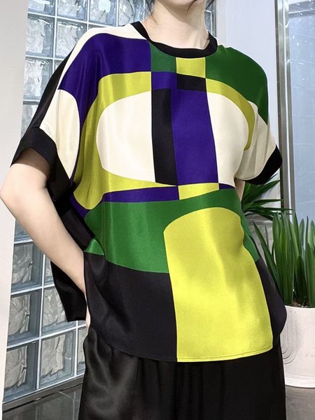 

Loose Urban Crew Neck Color Block Shirt, As picture, Blouses and Shirts