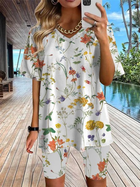 

V Neck Cotton Casual Loose Two-Piece Set, White, Suit Set