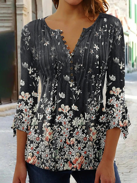 

Casual Floral Loose V Neck Shirt, Black, Shirts & Blouses