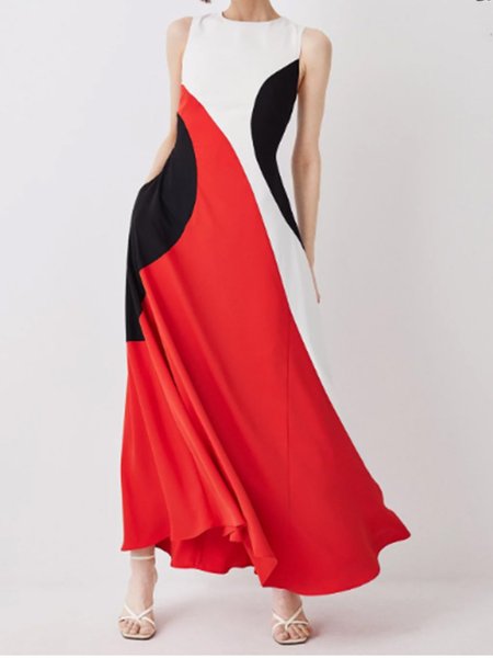 

Regular Fit Crew Neck Urban Color Block Maxi Dress With No Belt, Multicolor, Maxi Dresses