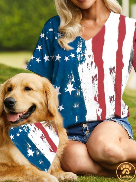 

Women's America Flag Casual Loose Matching T-Shirt, Blue, T-shirts