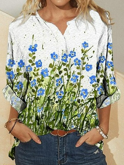 

Loose V Neck Floral Linen Blouse, White, Shirts & Blouses