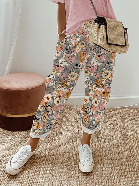 

Cotton Floral Casual Loose Pants, Dark pink, Pants