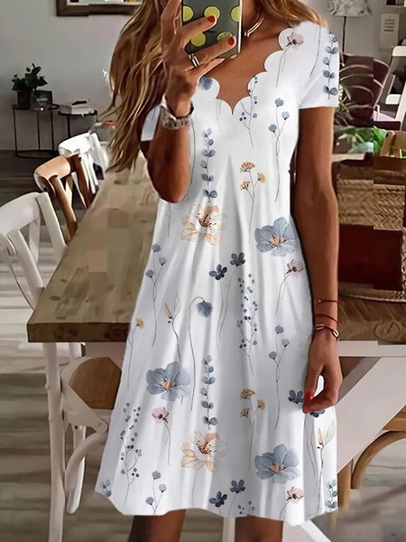 

Casual V Neck Floral Regular Fit Dress, White, Dresses