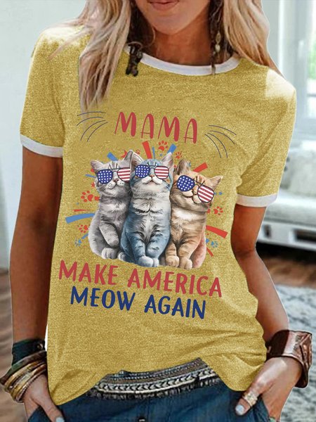 

Women's Funny Cat Mama Make America Meow Again Graphic Printing Regular Fit Cat Casual Cotton-Blend T-Shirt, Yellow, T-shirts
