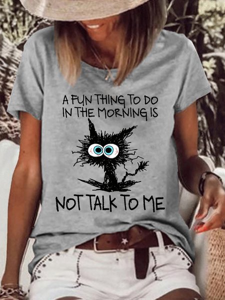 

Women's A Fun Thing To Do In The Morning Cat Print Casual Letters T-Shirt, Gray, T-shirts