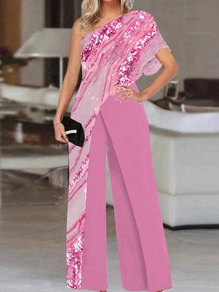 One Shoulder Elegant Abstract Jumpsuit, Pink, Jumpsuits＆Rompers