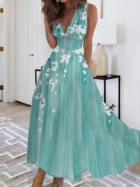 

Elegant Loose Floral Scoop Neck Dress, Blue, Dresses