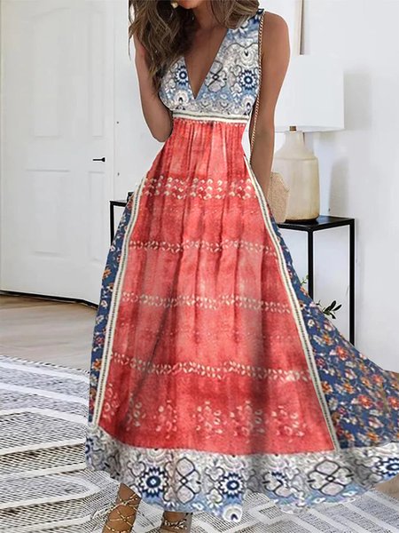 

V Neck Regular Fit Casual Ethnic Dress, Red, Dresses