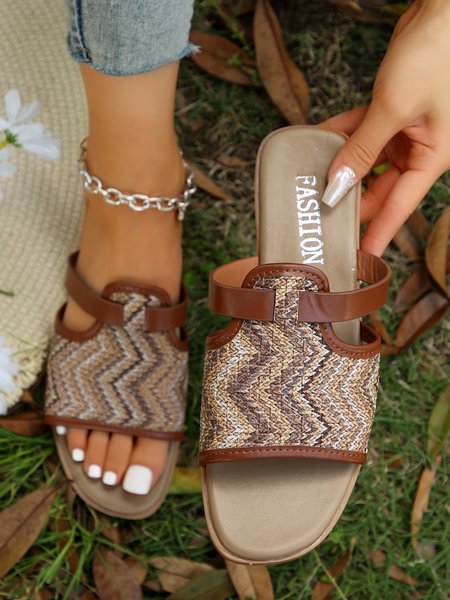 

Ethnic Striped Square Toe Slide Sandals, As picture, Sandals & Slippers