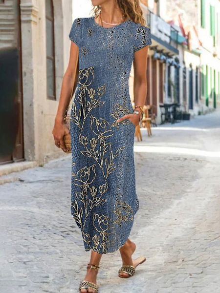 

Crew Neck Casual Regular Fit Dress, Blue, Dresses