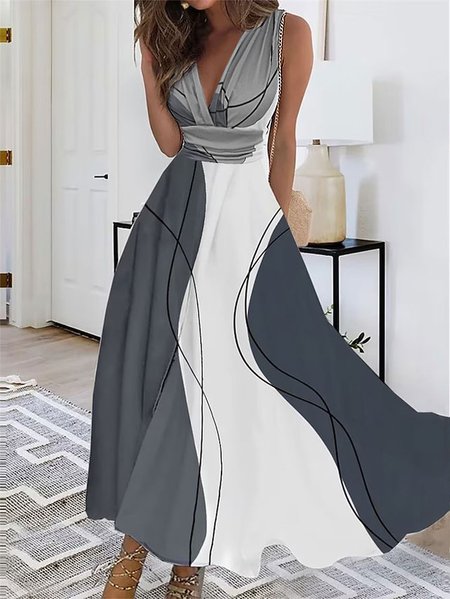 

Elegant Abstract Stripes V Neck Dress With No, Black-white, Formal Dresses